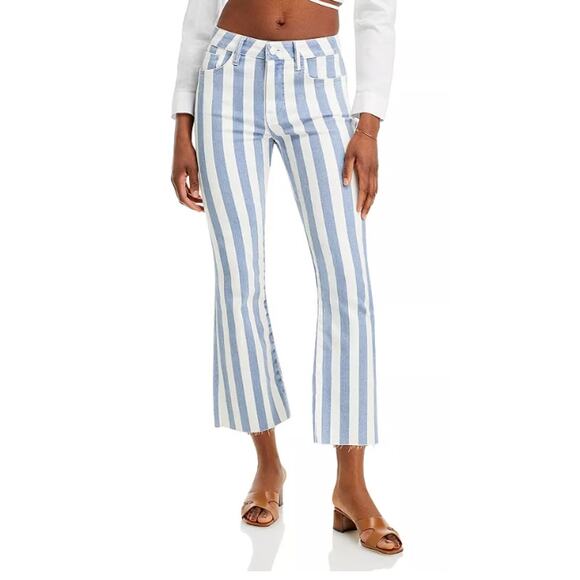 FRAME WOMENS SIZE 26 LE CROP MINI BOOT HIGH RISE STRIPE BLUE WHITE RAW HEM NEW - Picture 1 of 15
